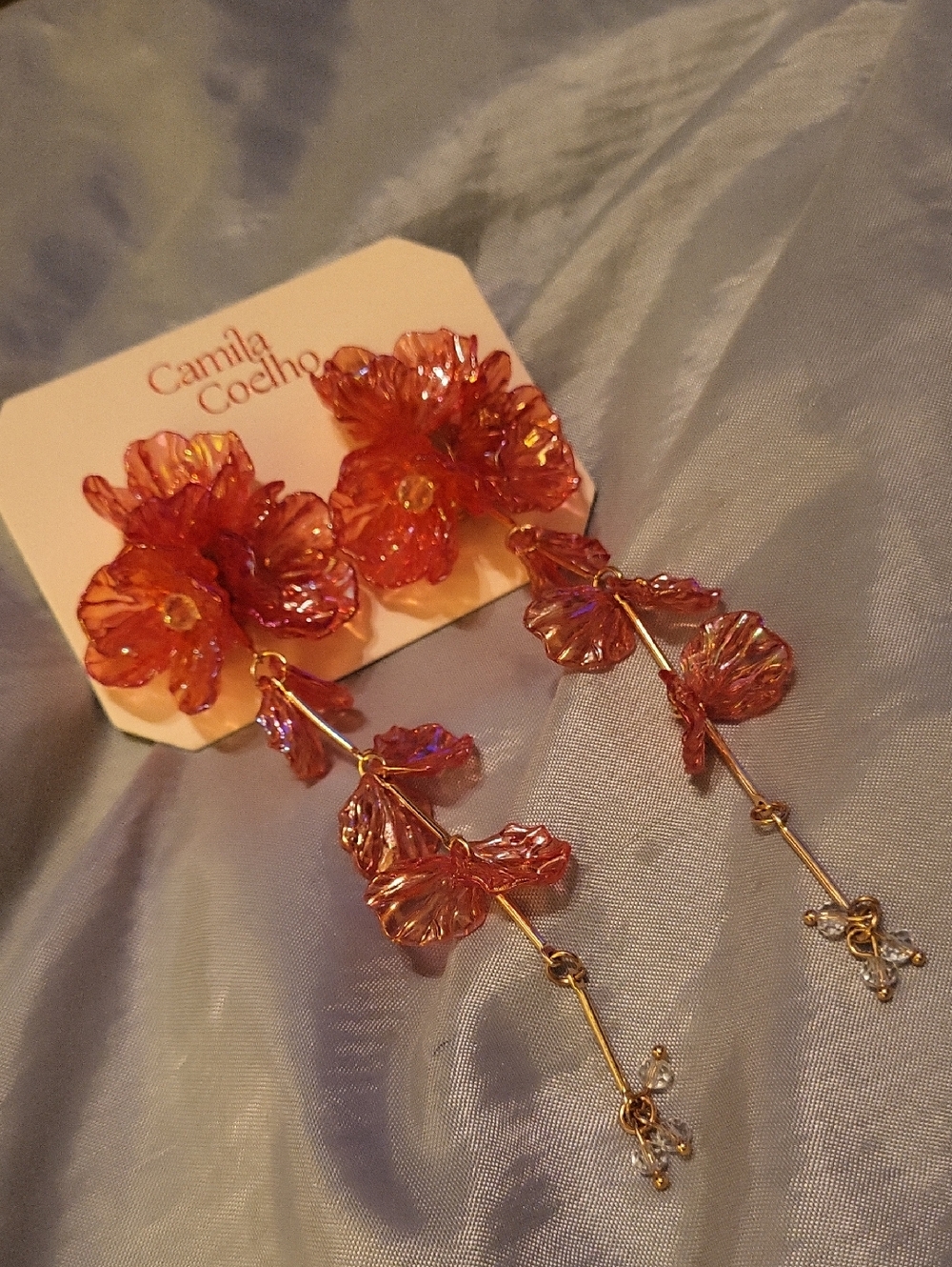 Camila Coelho Iridescent Coral Pink Floral Long Drop Earrings Te Ty LS - Picture 2 of 3